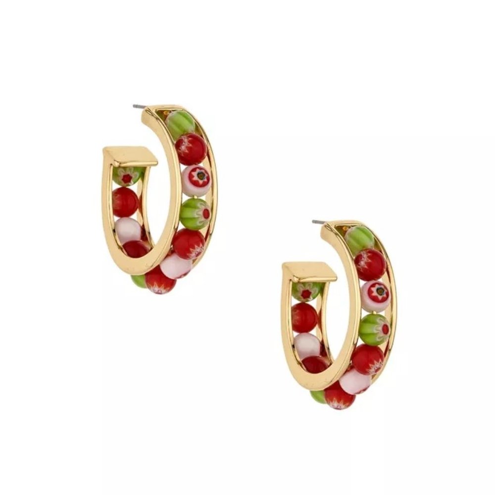New ETTIKA Green and Red Glass Beaded Hoop Earrings